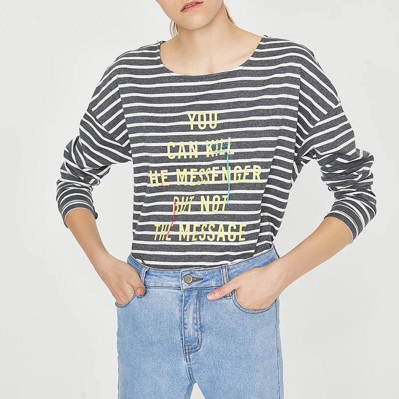 Toyouth Autumn Letter Cotton Long Sleeve T shirts Striped Loose Tees for Women Camiseta Feminina Casual O Neck Tops|Футболки| |