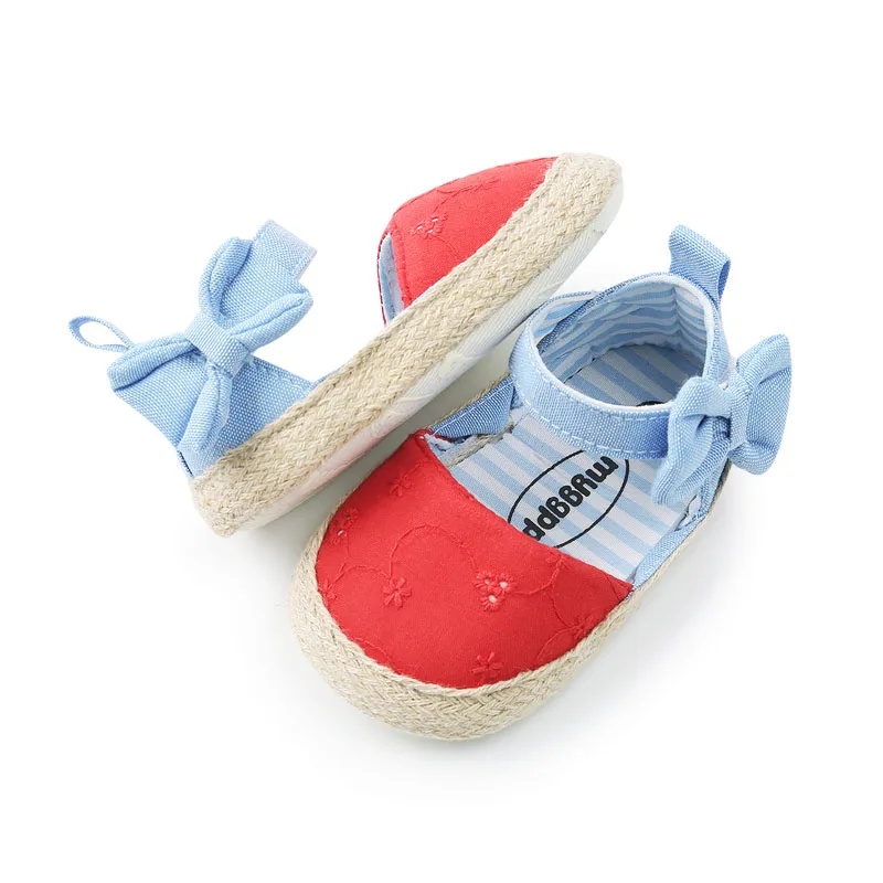 Zapatos suaves de verano para ni&ntilde;a, zapatillas de algod&oacute;n con lazo azul, a la moda, con suela blanda para caminar-1