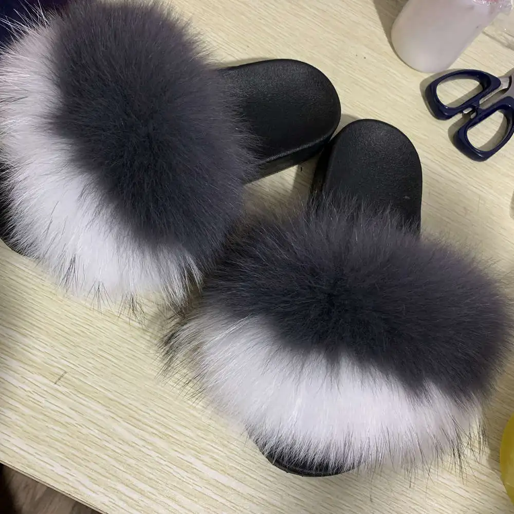 5 CCFUR New Colors Summer Slides Women's Real Fox Fur Slippers Fluffy Fur Sliders Mixed Color Fashion Lady S6048 - Цвет: 5