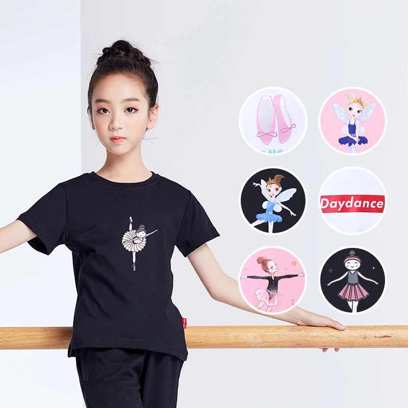 Summer Girls Printed Shirt Kids Full Cotton T Shirt Short Sleeve Top Children Sport Yoga Jogging Fitness Tees Black White Pink