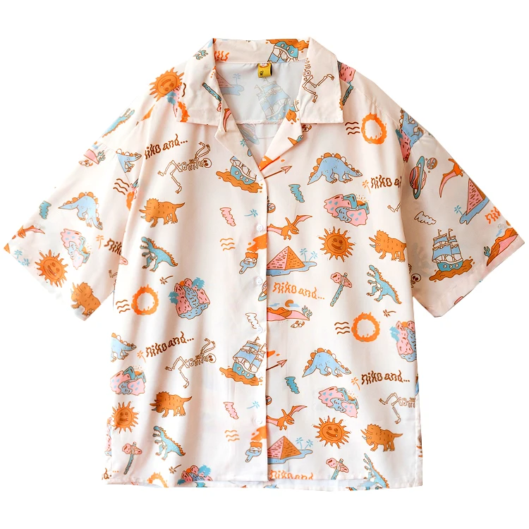 

New Korean Fashion Women Chiffon Blouse For Summer Cotton Dinosaurs Full Print Ladies Loose Shirt Tops Preppy Style