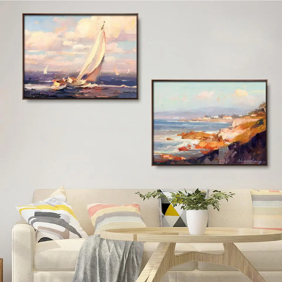 Home Decoration Print Canvas Wall Art Picture Poster Paintings Horizontal Modern oil painting Beach Sailboat Red Sky | Дом и сад