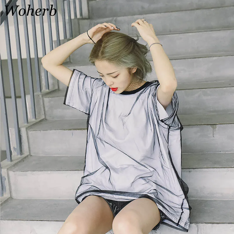 Woherb длинная рубашка в Корейском стиле Женский сетчатый топ Харадзюку сетчатые