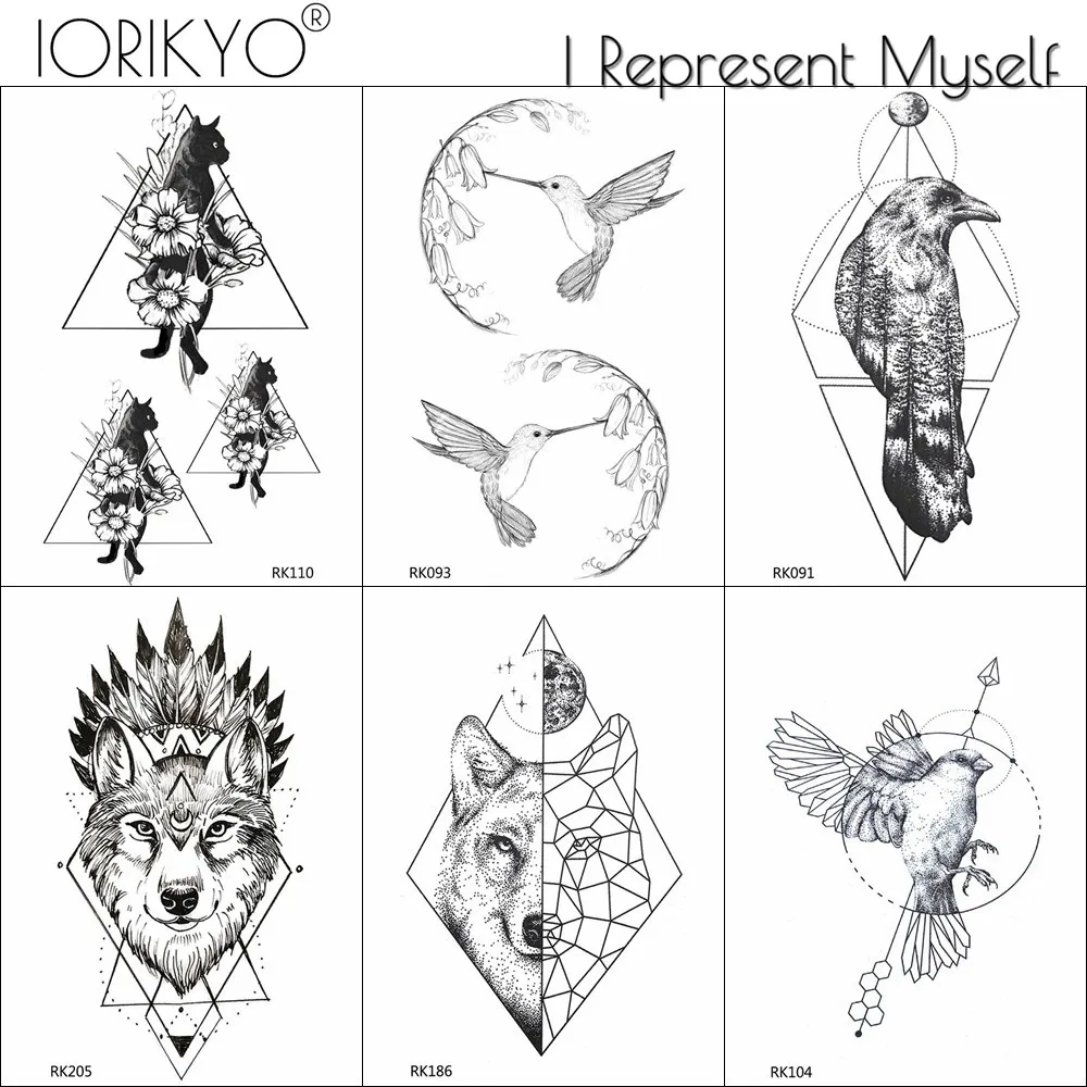 

IORIKYO Черные Животные временные женщины руки тату наклейки мужчины сексуальная девушка геометрический Племенной Волк Искусственные Птицы т...