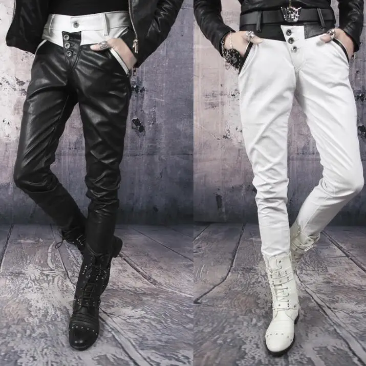 Autumn korean personality fashion motorcycle leather pants mens feet pants slim pu trousers for men pantalon homme splice white