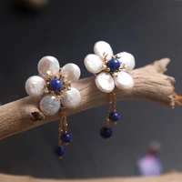 italian design manual natural baroque pearls lapis tassel flower wholesale gold plated earrings earrings