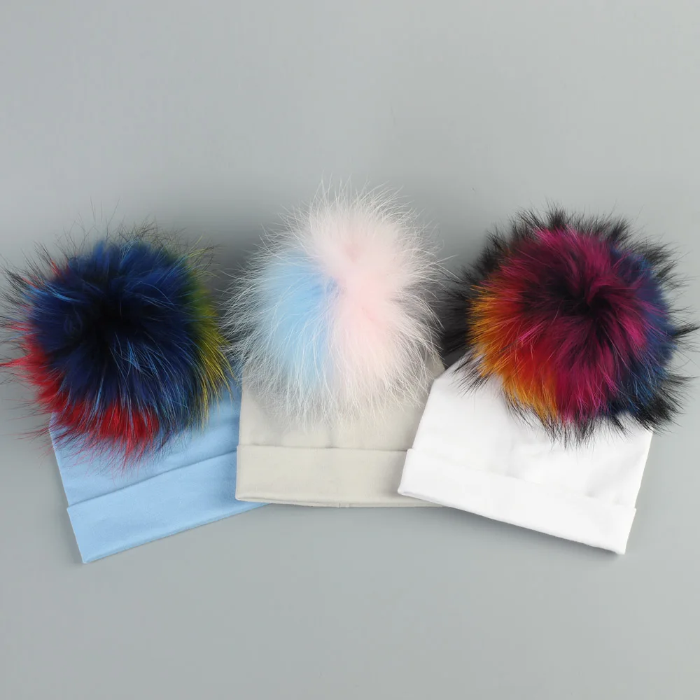 Geebro для енота меховым помпоном шапочки шляпы с настоящим мехом головные уборы