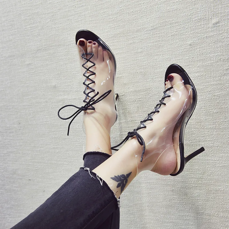 Женские босоножки коллекция 2019 года Модные прозрачные туфли-лодочки на высоком