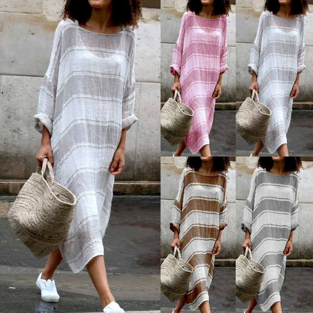 Fashion Womens Loose Linen Long Maxi Dress Sleeve Casual Boho Kaftan Tunic Gypsy Ethnic Clothes Soft Elegant Dresses|Женские платья| |