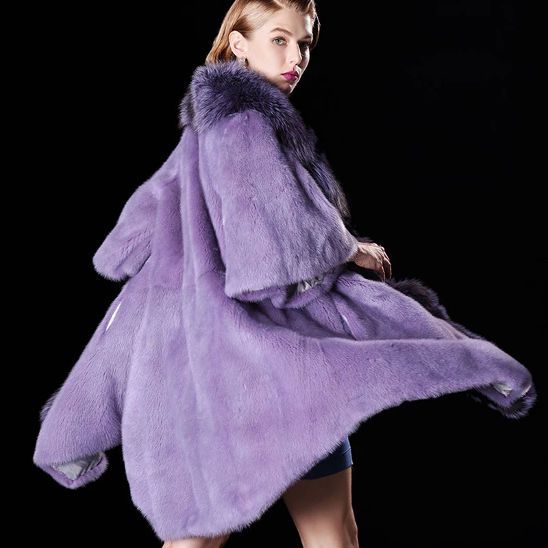 Ftangaiur 2021 Women Import Mink Coat Causal With Fox Fur Collar Half Sleeve Jacket Women's Long Real Coats | Женская одежда