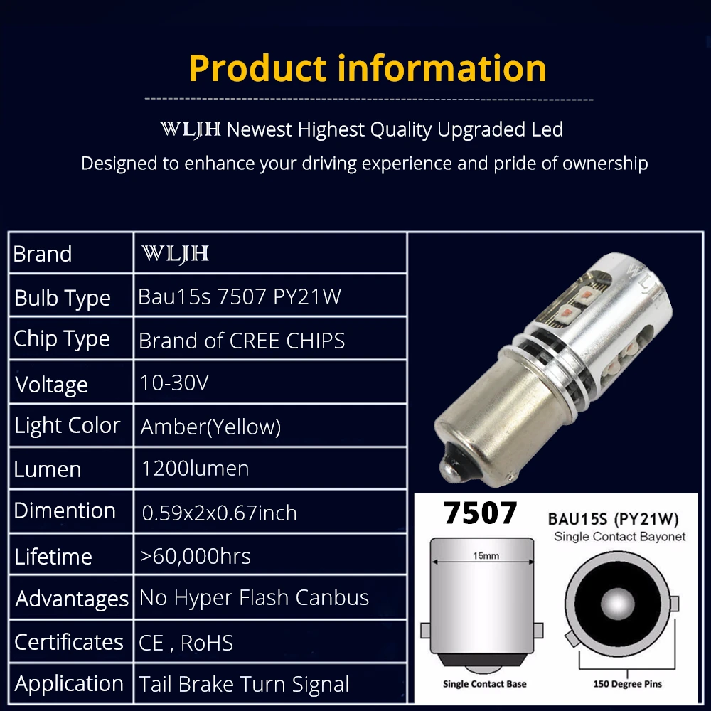 WLJH Canbus Error Free Ba15S P21W 1156 7506 / Bau15S Py21W 7507 Светодиодная лампа 1200 люмен сигнала поворота