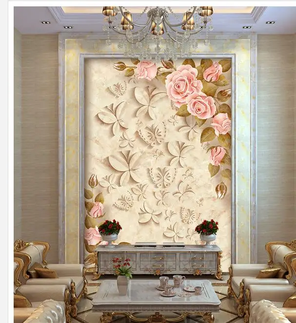 3d настенные фрески обои Мраморный Рельеф вход в розовая фоновая стена на заказ