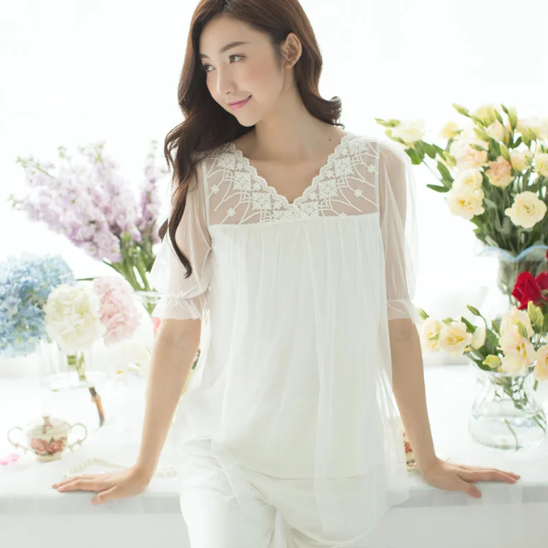Short-sleeved pants leisurewear suit summer fresh leisure loose semi-permeable v-neck suits | Женская одежда