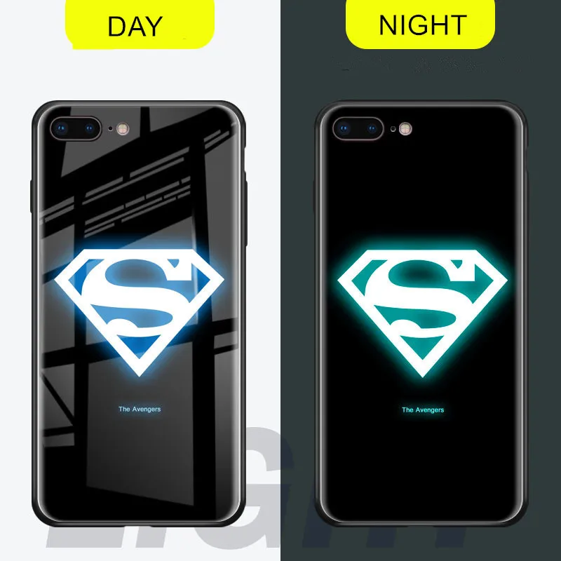 QINUO Marvel супергерой светящийся чехол для iphone 6 6s 7 8 Plus закаленное стекло чехол для телефона для iphone X XS Max XR Coque Funda Capa - Цвет: Superman