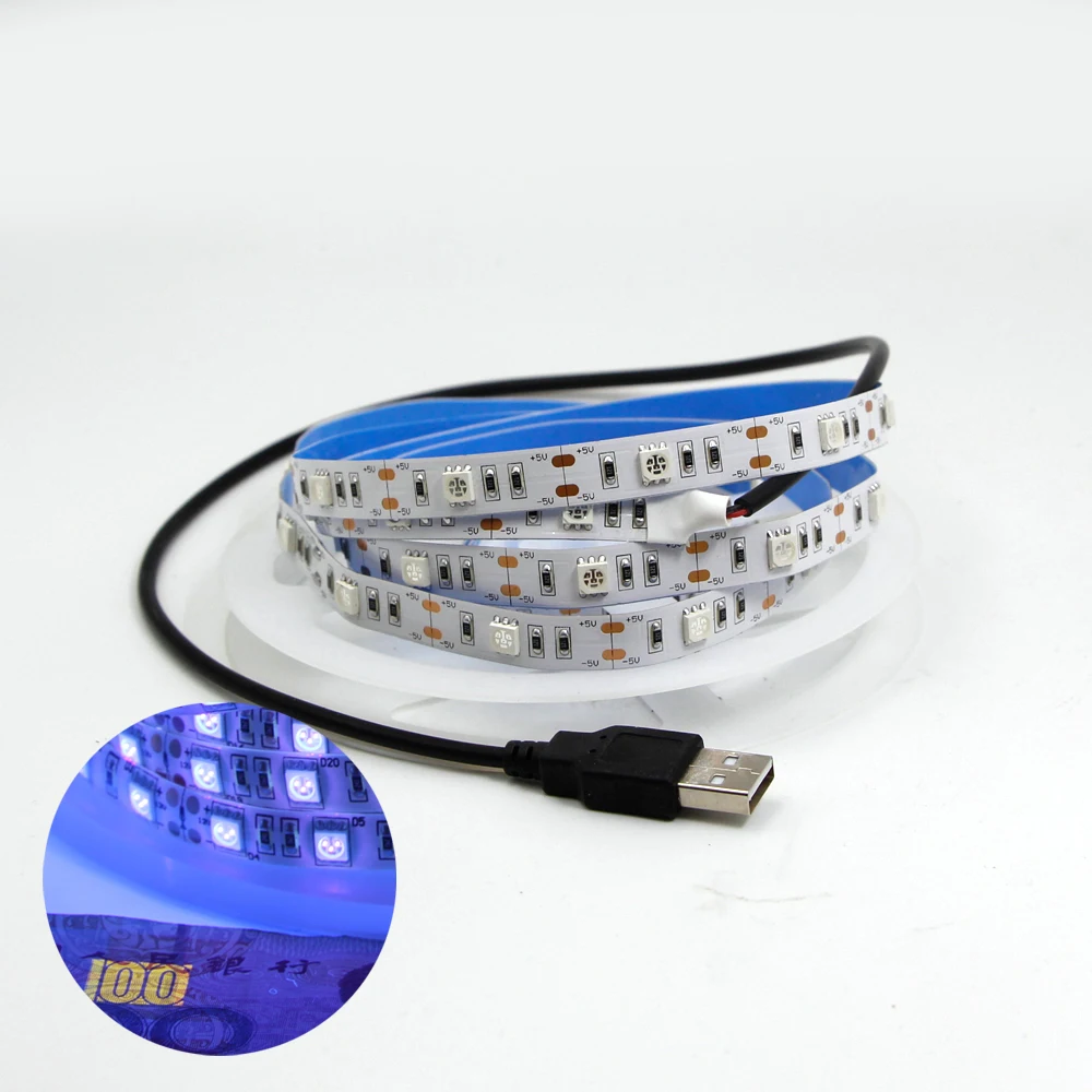 USB 5V УФ светодиодная лента светильник 395 405nm Ультрафиолетовый 5050 SMD 30 светодиодов/м