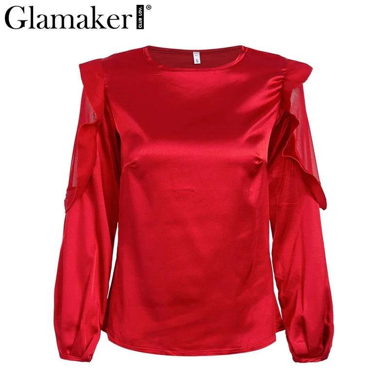 Glamaker Красная атласная выдалбливают Топ Футболка Топ женский рюшами пикантные Длинные рукава вечерние рубашка Для женщин рубашки Весна сетки объединить футболка