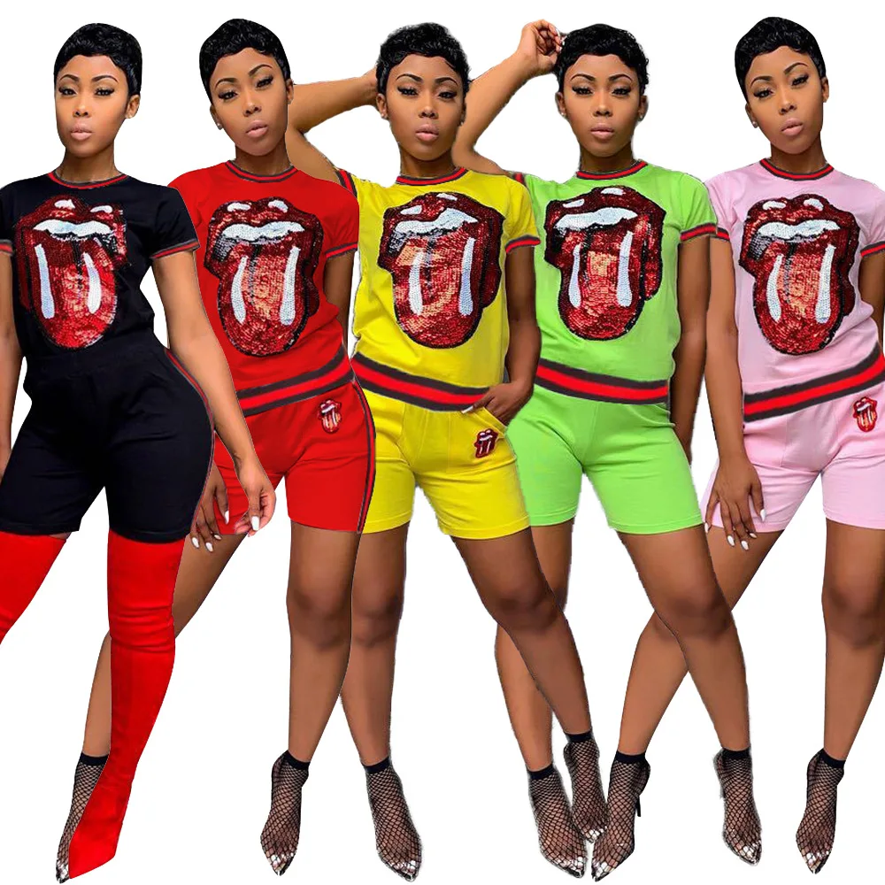 

Summer 2 Piece Set Solid tougue lip glitter splicing O-Neck Short Sleeve Tee High Above The Knee Pants Sequined Tracksuit