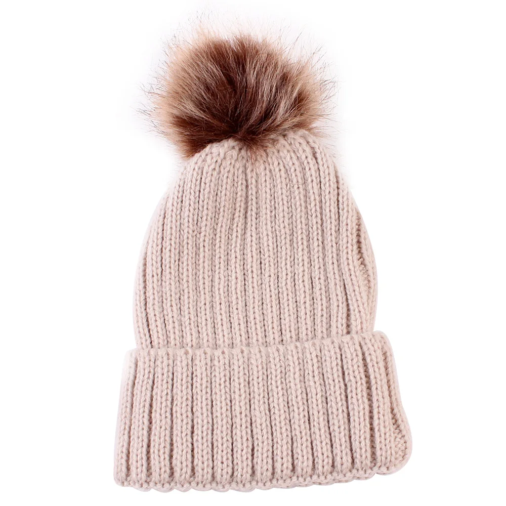Puseky Artificial Fur Hat For Kids Children Baby Boys Girls Winter Ball Knit Faux Raccoon Pom Bobble Beanie Caps | Детская одежда и