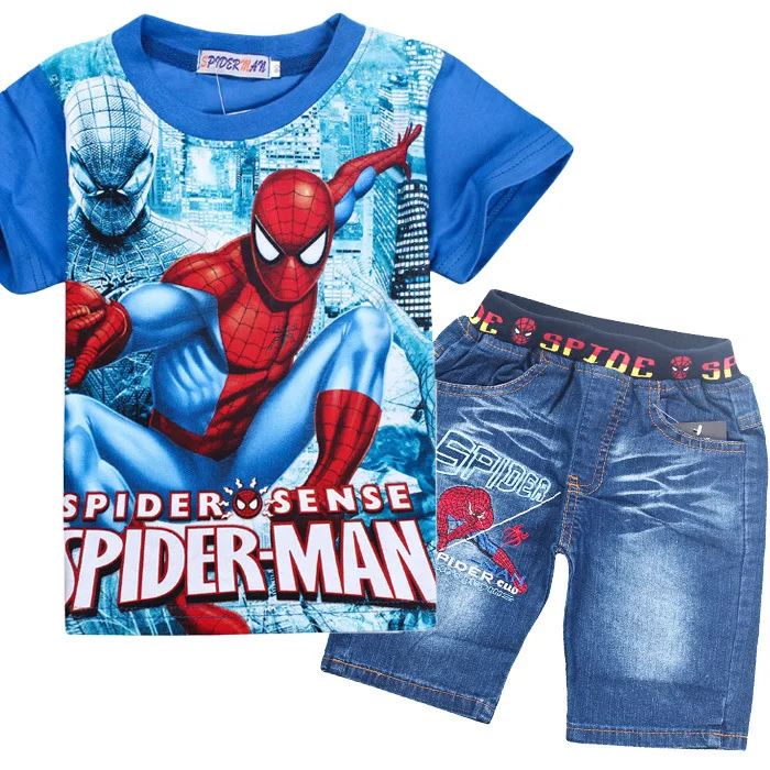 Children T-Shirt Spider-Man Cartoon suit with superman pattern Kids Shorts Tops Tees Summer Teenager Boys Batman cloth | Детская одежда