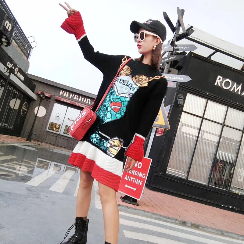 

Novelty Hit Color Mermaid Sequined Sweater Dress Casual Loose Black Flare Sleeve Long Knitted Pullovers