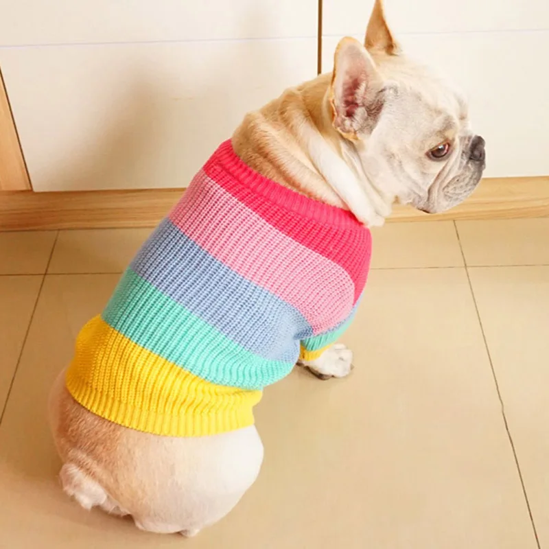 Теплая одежда для собак зимний Радужный свитер собаки милые пальто французский