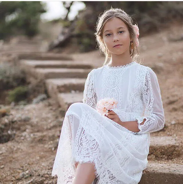 2019 Новый Модное детское платье для девочек белый одежда с длинным рукавом