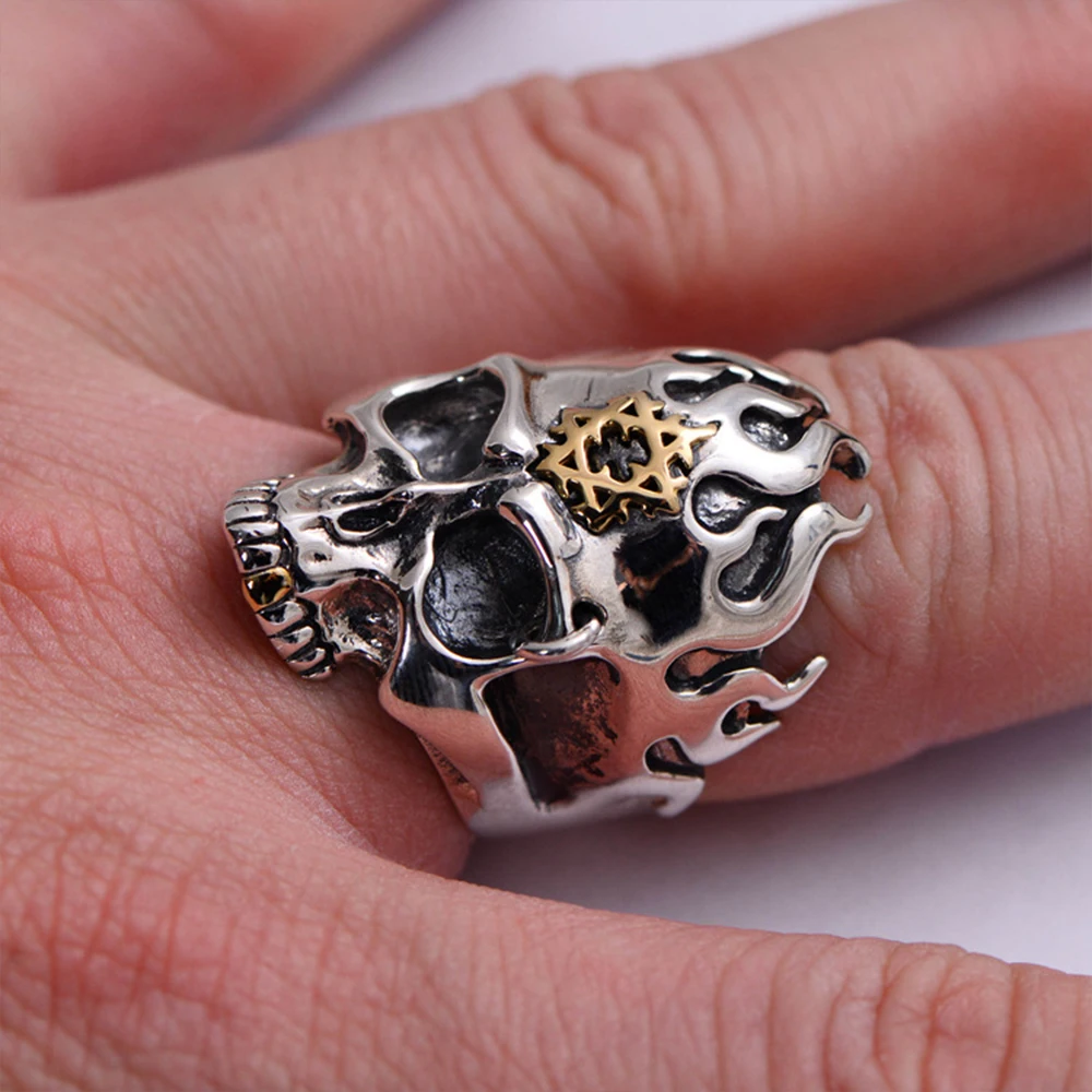 

MetJakt Punk Rock Skull Rings with Flame Hexagram Solid 925 Sterling Silver Rings for Cool Men Vintage Personalised Jewelry