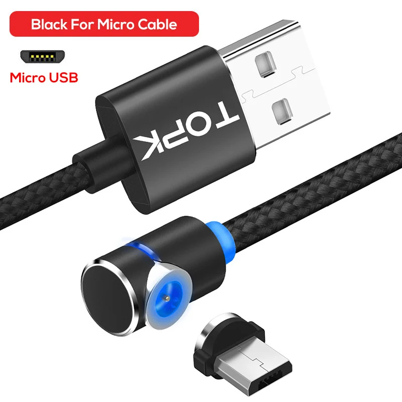 Micro Cable Black TOPK 90 градусов L Тип Магнитный кабель, СВЕТОДИОДНЫЙ Магнитный зарядный кабель для iPhone Xs Max X 8 7 5 и Micro USB кабель и usb type-C USB C - Цвет: Micro Cable Black
