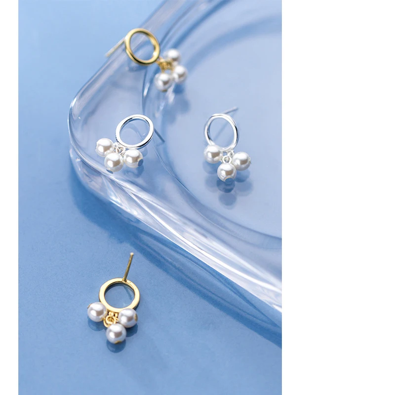 Korea 925 Sterling Silver Round Simulated Pearl Statement Geometric Fashion Drop Earrings For Women Bride Wedding Jewelry Brinco | Украшения
