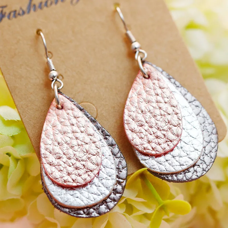 Женские многослойные серьги-капельки из натуральной кожи | Украшения и