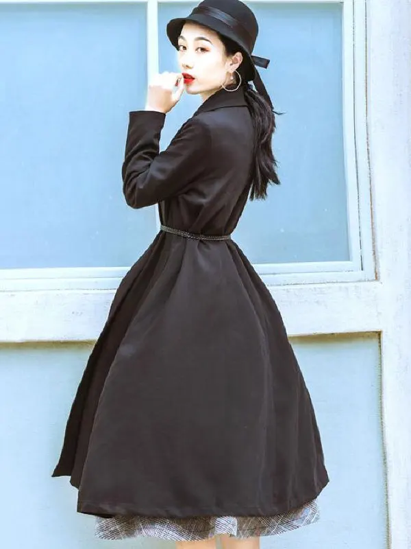Женское черное Расклешенное пальто с длинным рукавом V образным вырезом wrap Coat Belted trench coat