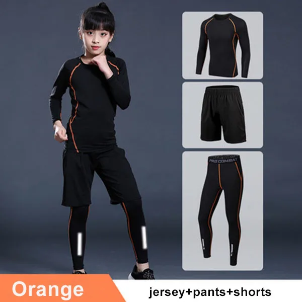 Orange Set 3P Детский спортивный комплект, компрессионная футболка+ штаны, детский Рашгард для мальчиков и девочек, для бега, баскетбола, танцев, подростков, ММА, плотная спортивная одежда - Цвет: Orange Set 3P