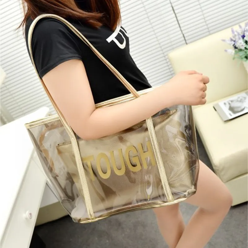 New Hot Fashion Waterproof Half Transparent Hand Bag PVC Summer Beach Bag and Polyester with Small Storage Bag