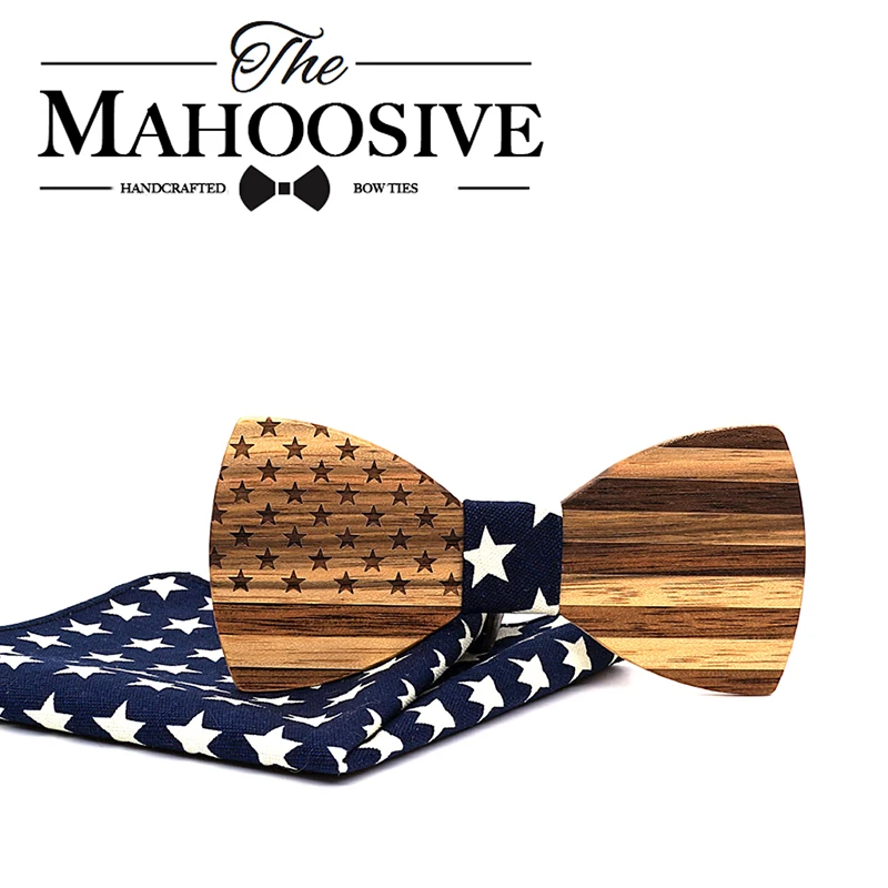 Mahoosive Wooden Bowtie men necktie boy Men's Fashion wedding bow tie Male Dress Shirt krawatte handerchief pocket square set