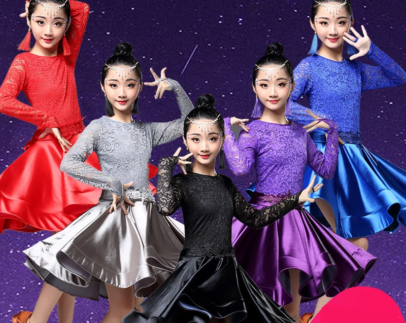 

2019 New Girls Lace Ballroom And Latin Dance Dresses For Sale Cha Cha Rumba Samba Jive Long Sleeves Children Teen Latino Dress