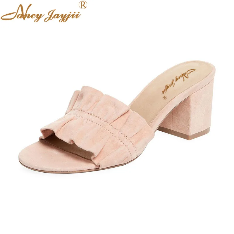 

Nancyjayjii Women’S Pink Flock Sweet Ruffles Slides Super High Chunky Heel Slipper For Female Home House Casual 44 45 Size Shoes