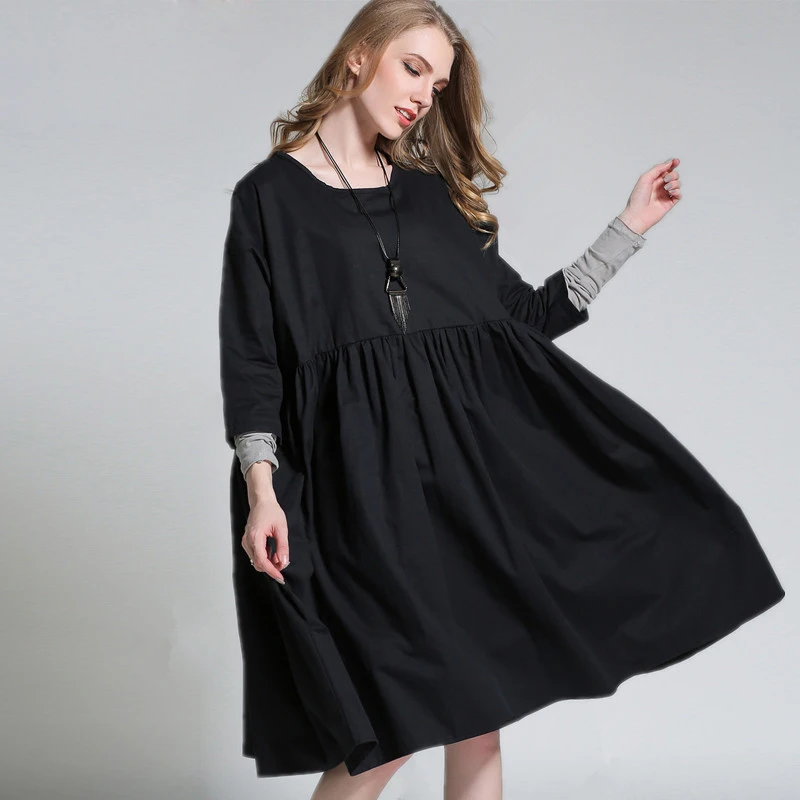 2017 весна осень плюс размер женщин Онлайн свободные платья лоскутная рукавом