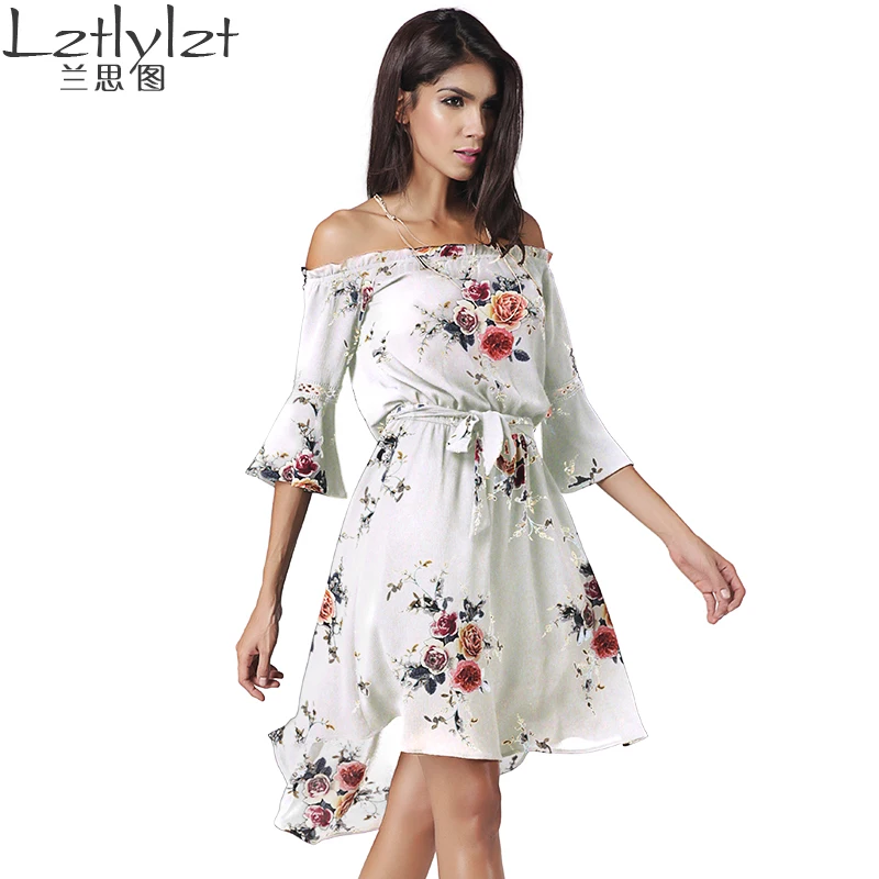 2017 new irregular print dress sexy fashion in Europe and America A line above knee slash neck free shipping | Женская одежда