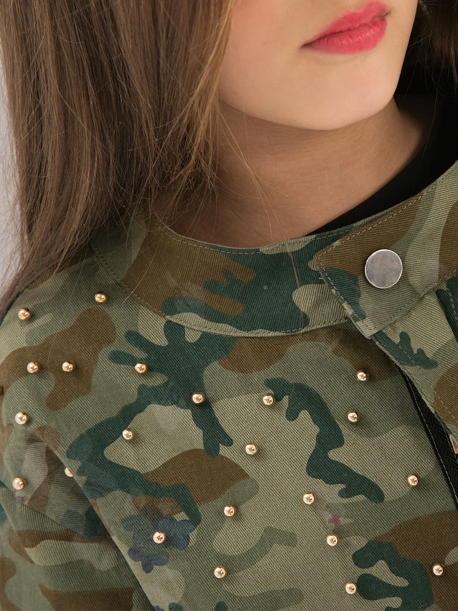 

2018 Autumn Camouflage Trench for Big Girls Cool Rivet Long Jeans Jacket for Girls Moda Infantil Turtle-neck Windbreaker Coats
