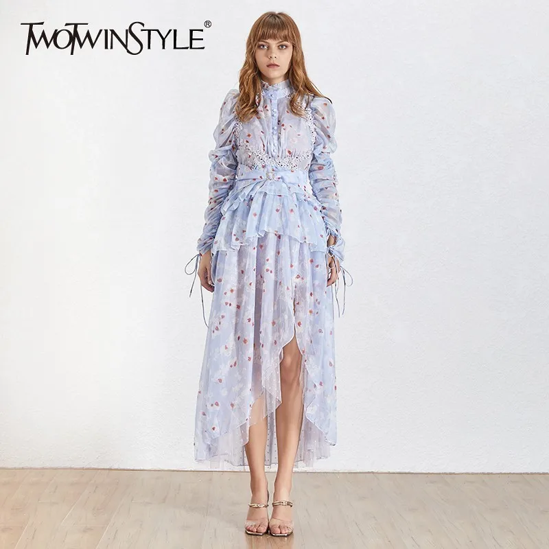 TWOTWINSTYLE 2019 летнее элегантное асимметричное женское платье стоячий воротник
