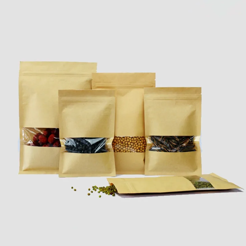 

9 sizes samples Kraft Paper Flat Bottom Pouch with clear window Zipper top packaging bag