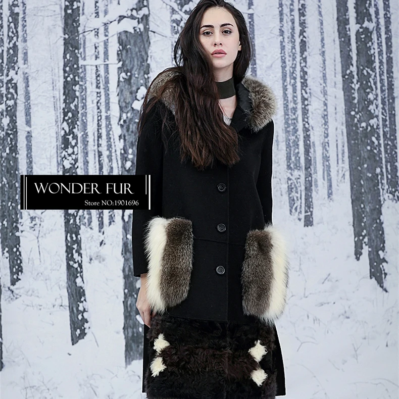 Женское длинное шерстяное пальто с карманами и лисьим мехом дизайнерское платье