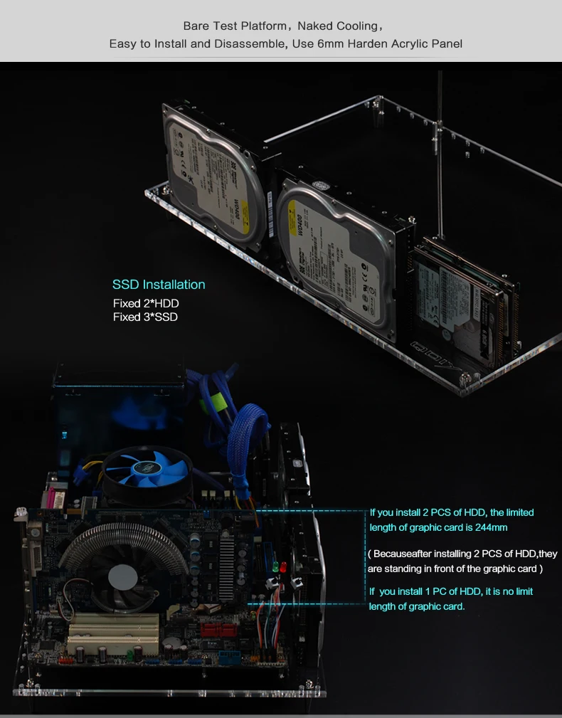 Акриловый ПК Открытый Чехол тестовый стенд ATX ITX MATX открытый воздух голый HTPC рамка 3 шт. SSD 2 шт. HDD отсеки разгон HTPC видеокарта