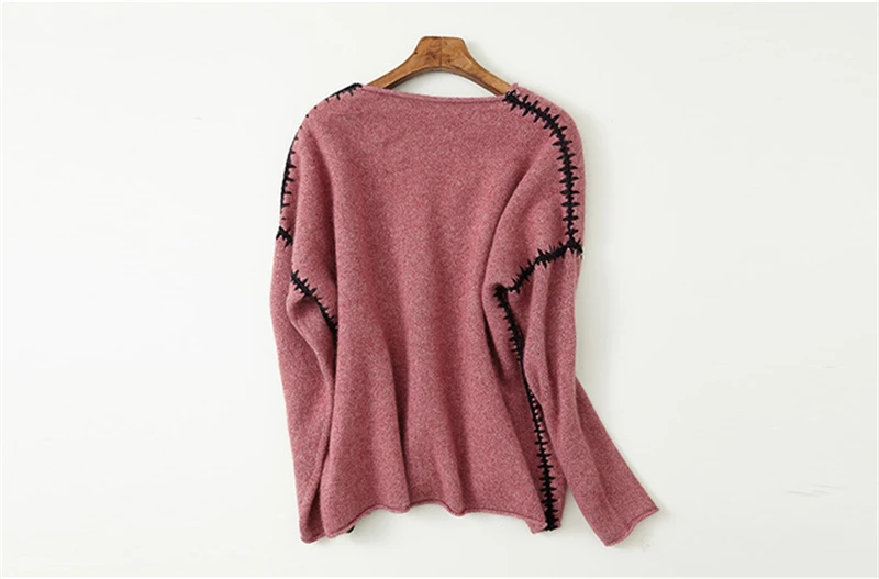 pure goat cashmere knit women fashion handmade sewed spliced Vneck pullover sweater H-straight wide loose solid color S/M/L | Женская