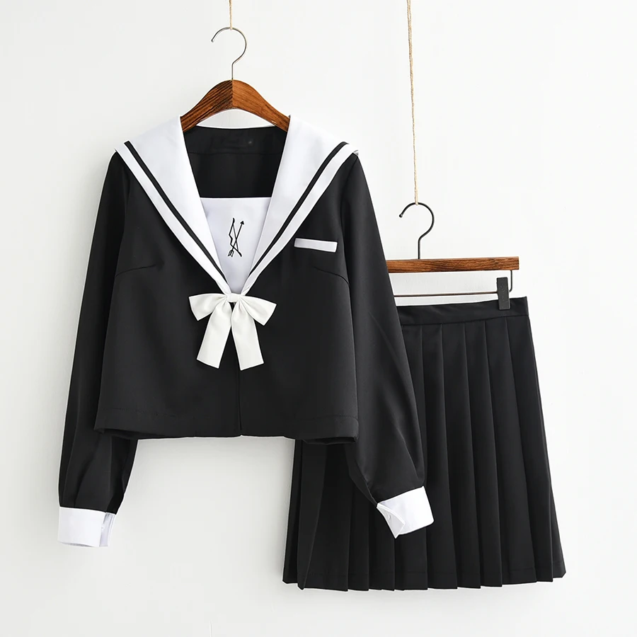 

Лук и стрелы с вышитым симпатичным японская школьная обувь для девочек Осенняя Униформа JK по низкой цене, комплект из 2-х вещей, одежда с длинным рукавом с матросским воротником Блузка + юбка черного цвета