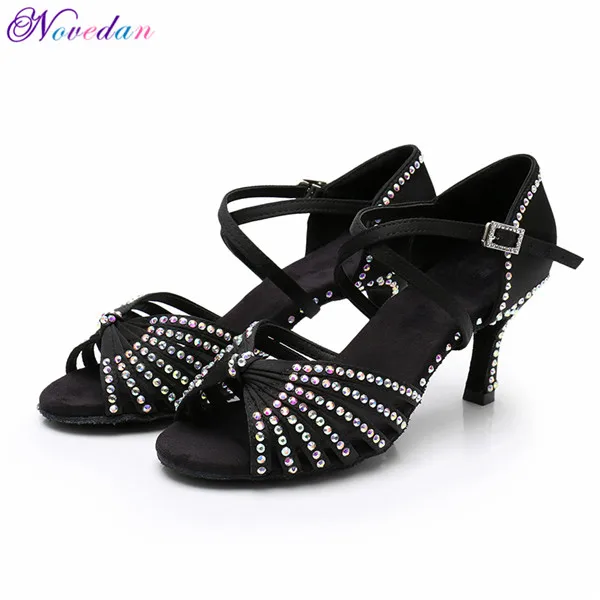 Black Low Back 7cm Пикантные Профессиональный Туфли для латинских танцев Для женщин Стразы Сальса атласные бальные сандалии женские вечерние танцевальные туфли на каблуке высотой 7 см - Цвет: Black Low Back 7cm