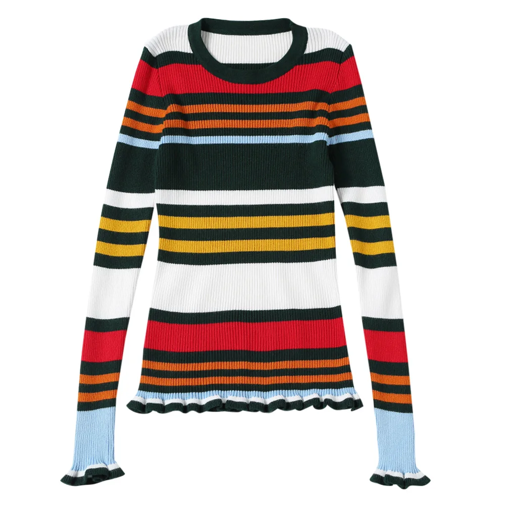 Kenancy Women Pullovers Color Tight Stripe Ruffle Woollen Sweater Long Sleeve O-Neck Knitted Female Autumn Jumper | Женская одежда