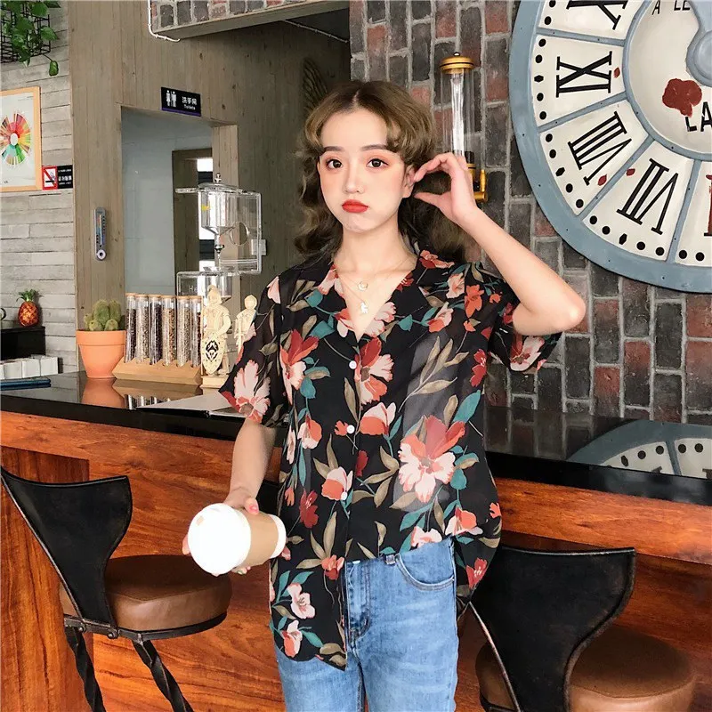 

Women Summer Lapel Blouse Shirt Casual Printing Chiffon Slim Short Sleeve Blouse