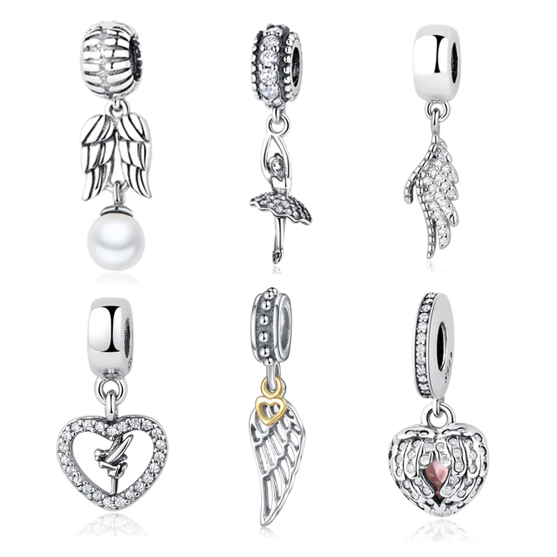 Оригинальный бусины из стерлингового серебра 925 Шарм Крыло ангела перо сердце