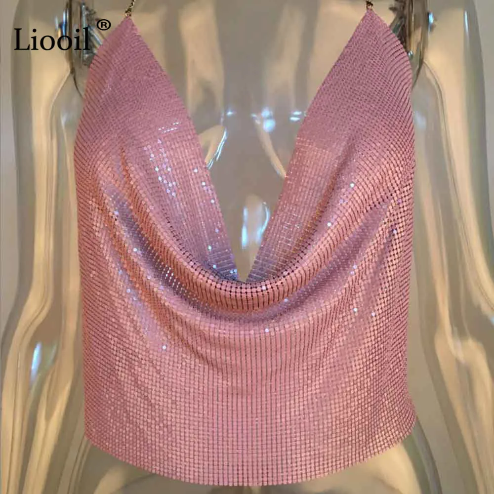 Pink Liooil пикантные золото спинки Топ Холтер серебряные блестящие блесток Топы Для женщин Лето V шеи Rave одежда Вечерние Cami Top - Цвет: Pink